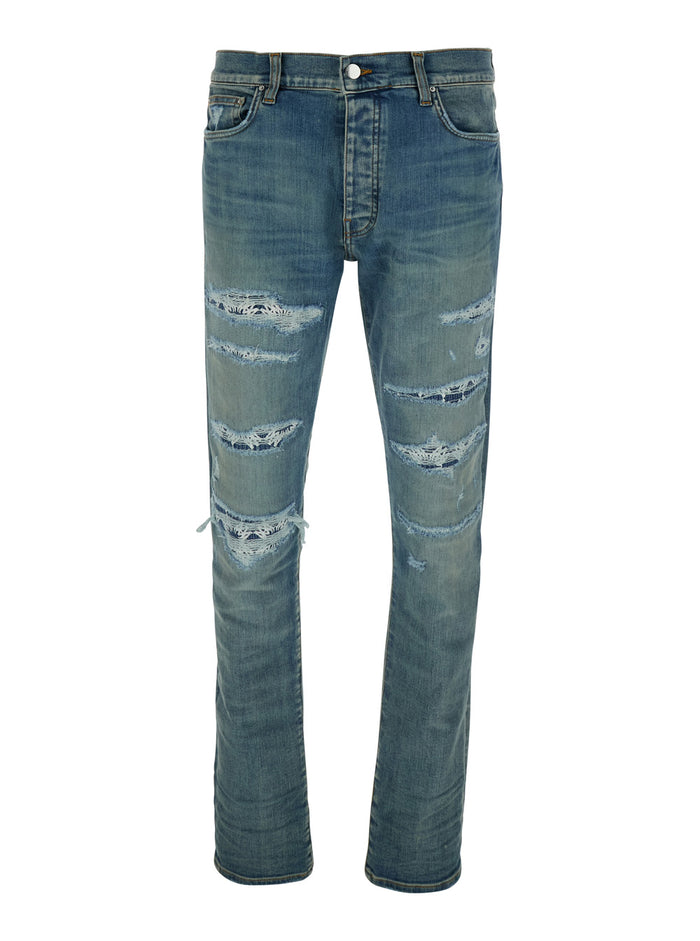 Blue Ma Quand Jeans With Ripped Details On The Front And Logo Patch Rear Denim Man Blu