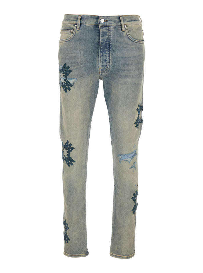 Ma Quad Applique Blue Jeans With Embroidered Details On The Front And Logo Patch Rear Denim Man Blu
