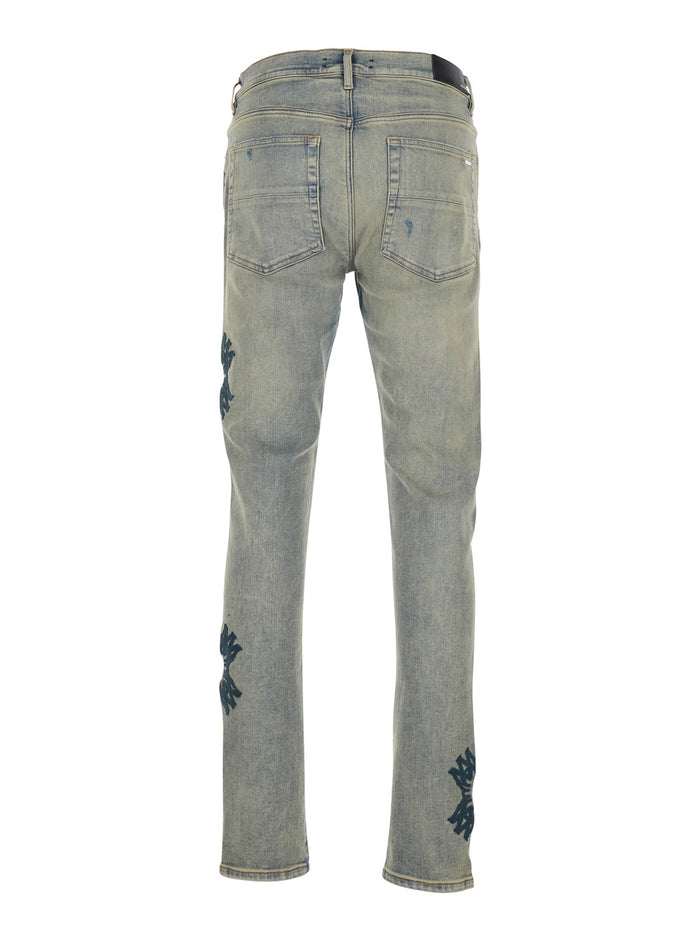 Ma Quad Applique Blue Jeans With Embroidered Details On The Front And Logo Patch Rear Denim Man Blu
