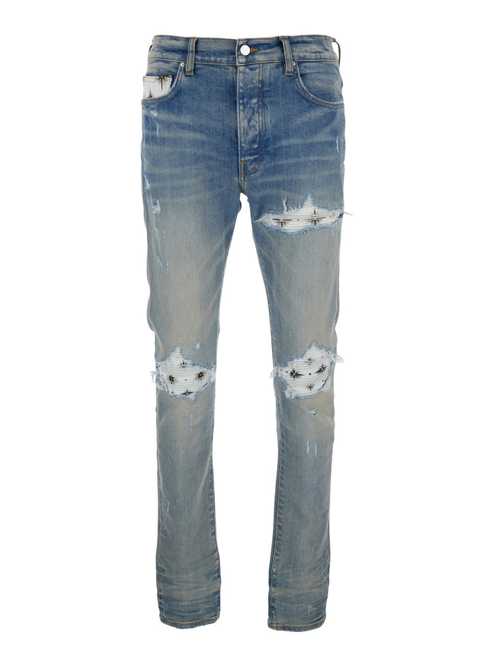 Light Blue Jeans With Ribbed Details On The Front And Logo Patch Rear Denim Man
