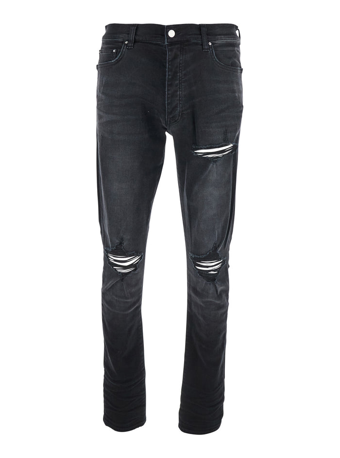 Black Jeans With Ripped Details On The Front And Logo Patch Rear Denim Man