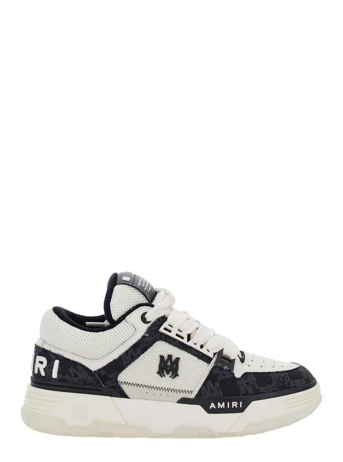Ma-1 Black And White Low Top Sneaker With All-Over Printed Logo Tech Fabric Leather Man Polyester Cotton