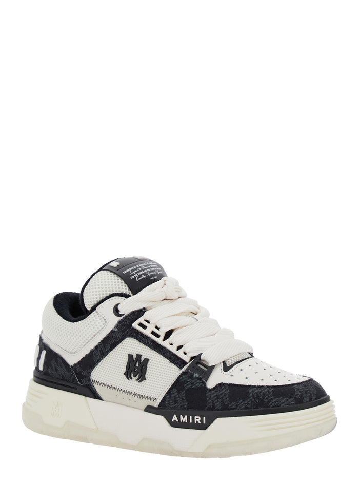 Ma-1 Black And White Low Top Sneaker With All-Over Printed Logo Tech Fabric Leather Man Polyester Cotton