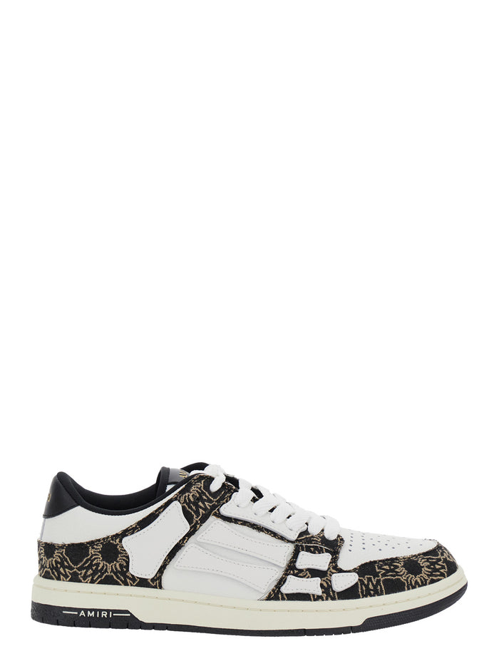 Skel Top Low Black Sneaker With Skeleton Applications And All-Over Logo Print Leather Man Calf