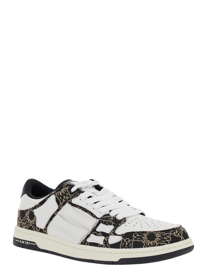 Skel Top Low Black Sneaker With Skeleton Applications And All-Over Logo Print Leather Man Calf