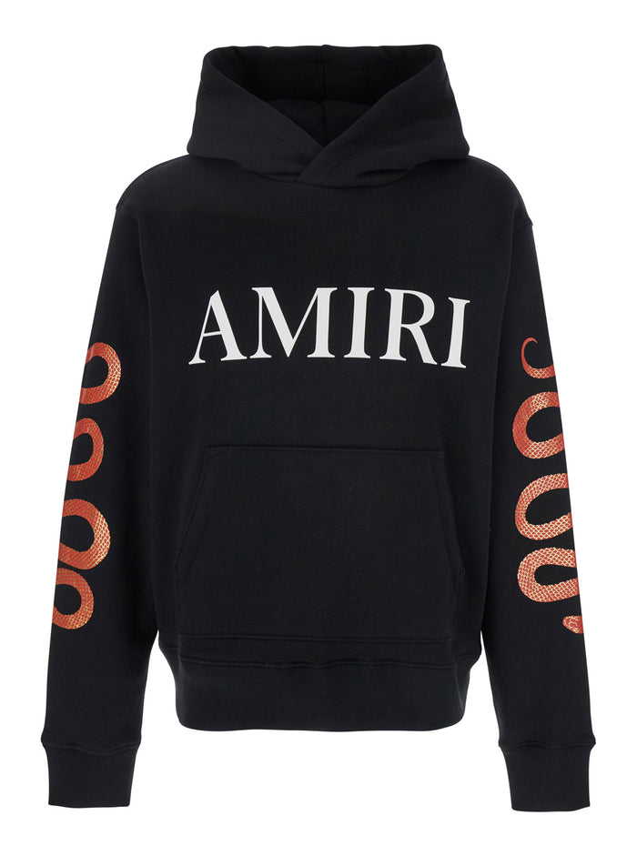 Black Hoodie With Maxi Logo Lettering On The Front And Snake Print Sleeves Cotton Man Sweatshirts