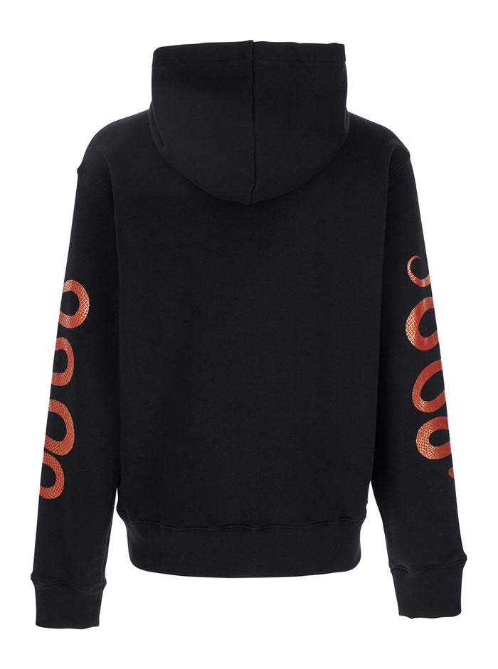 Black Hoodie With Maxi Logo Lettering On The Front And Snake Print Sleeves Cotton Man Sweatshirts