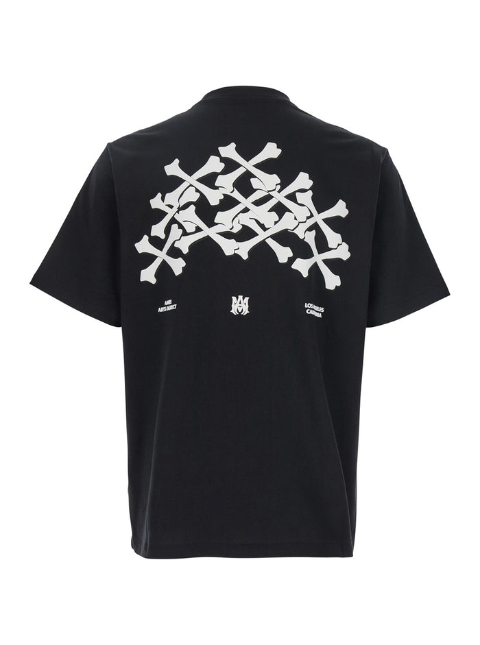 Stacked Bones Black Crewneck T-Shirt With Logo Lettering On The Front And Maxi Print Rear Cotton Man Tshirts Polo Shirts
