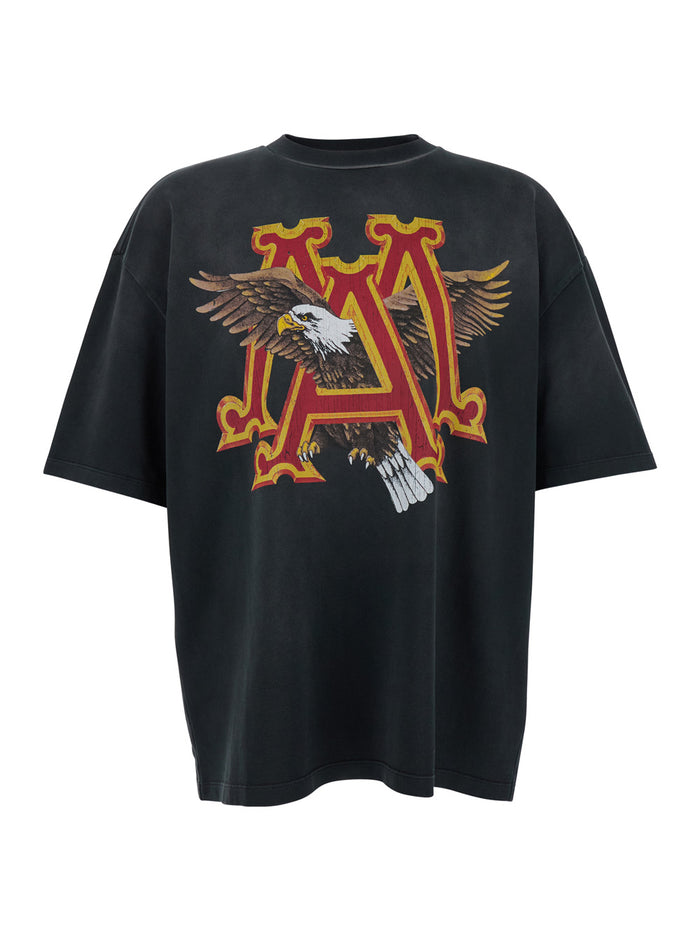 Ma Eagle Black Crewneck T-Shirt With Maxi Logo Print On The Front And Lettering Rear Cotton Man Tshirts Polo Shirts