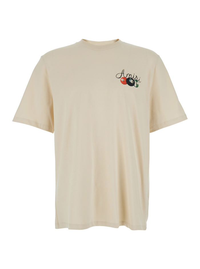 Pool Cue Beige Crewneck T-Shirt With Logo Detail On The Front And Maxi Print Rear Cotton Man Tshirts Polo Shirts