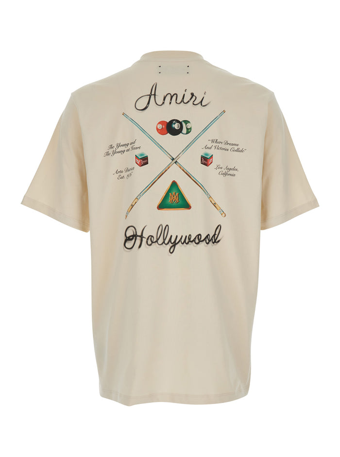 Pool Cue Beige Crewneck T-Shirt With Logo Detail On The Front And Maxi Print Rear Cotton Man Tshirts Polo Shirts