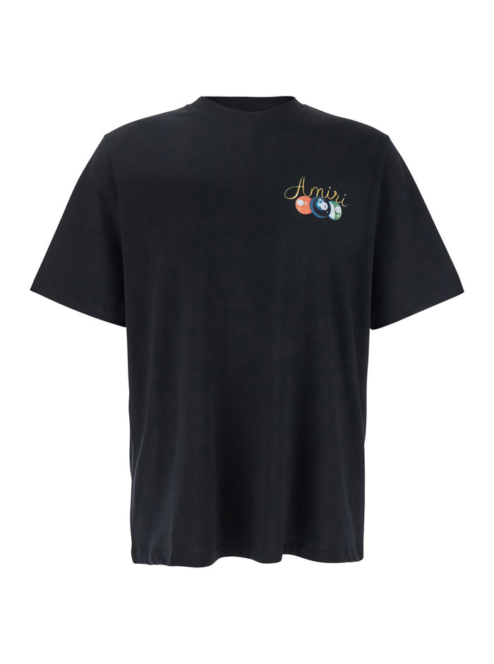 Pool Cue Black Crewneck T-Shirt With Logo Detail On The Front And Maxi Print Rear Cotton Man Tshirts Polo Shirts