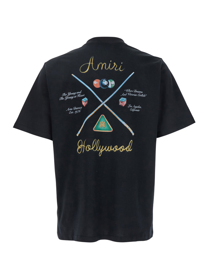Pool Cue Black Crewneck T-Shirt With Logo Detail On The Front And Maxi Print Rear Cotton Man Tshirts Polo Shirts