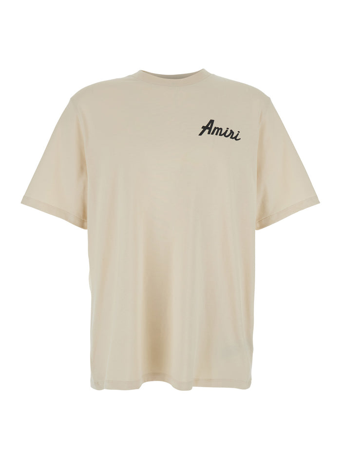 City Beige Crewneck T-Shirt With Logo Detail On The Front And Maxi Print Rear Cotton Man Tshirts Polo Shirts