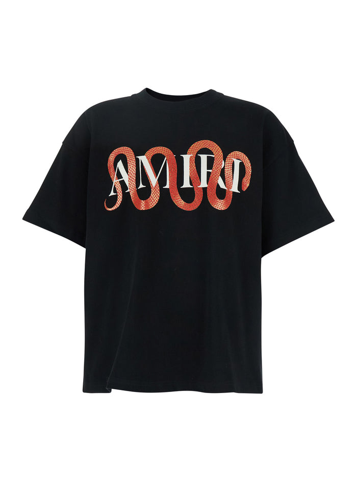 Snake Black Crewneck T-Shirt With Maxi Logo Print On The Front Cotton Man Tshirts And Polo Shirts
