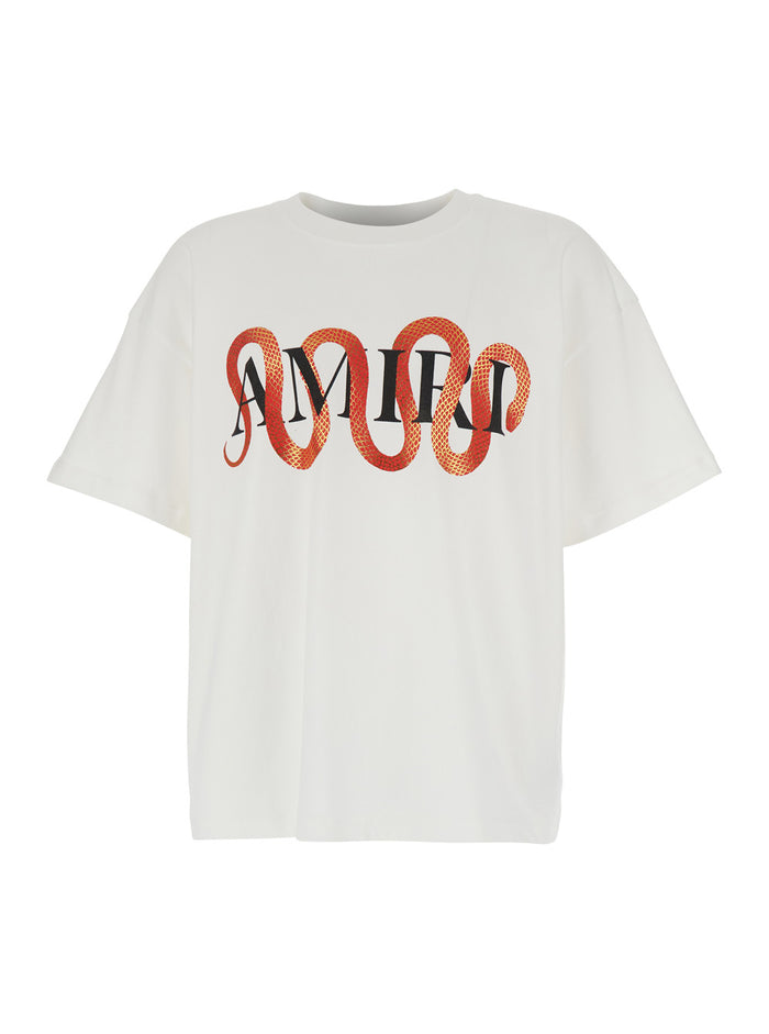 Snake White Crewneck T-Shirt With Maxi Logo Print On The Front Cotton Man Tshirts And Polo Shirts