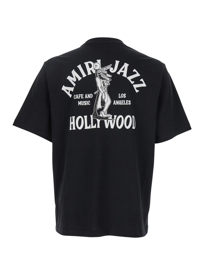 Jazz Wolf Black Crewneck T-Shirt With Logo Lettering On The Front And Maxi Print Rear Cotton Man Tshirts Polo Shirts