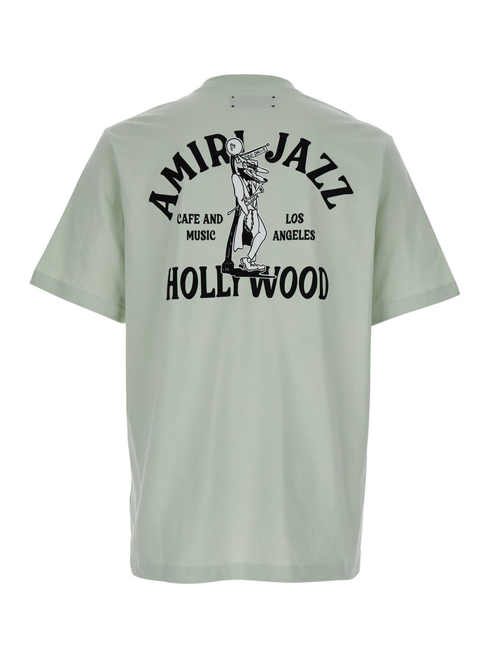 Jazz Wolf Green Crewneck T-Shirt With Logo Lettering On The Front And Maxi Print Rear Cotton Man Tshirts Polo Shirts