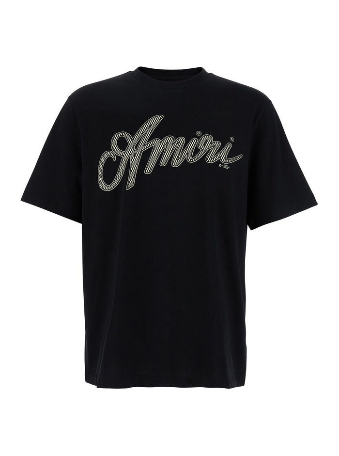 Script Black Crewneck T-Shirt With Maxi Logo Print On The Front Cotton Man Tshirts And Polo Shirts