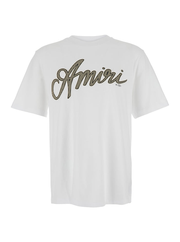 Script White Crewneck T-Shirt With Maxi Logo Print On The Front Cotton Man Tshirts And Polo Shirts
