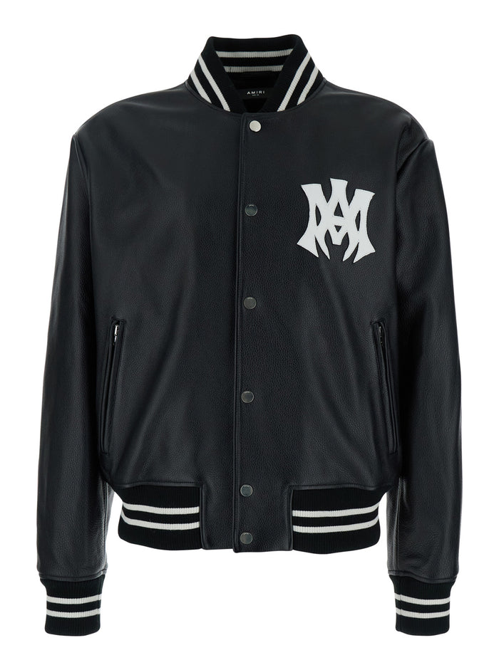 Ma Hollywood Black Bomber Jacket With Logo Print On The Front And Maxi Rear Leather Man