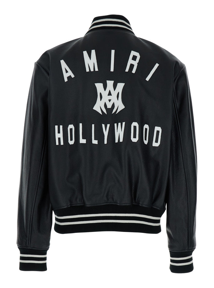 Ma Hollywood Black Bomber Jacket With Logo Print On The Front And Maxi Rear Leather Man