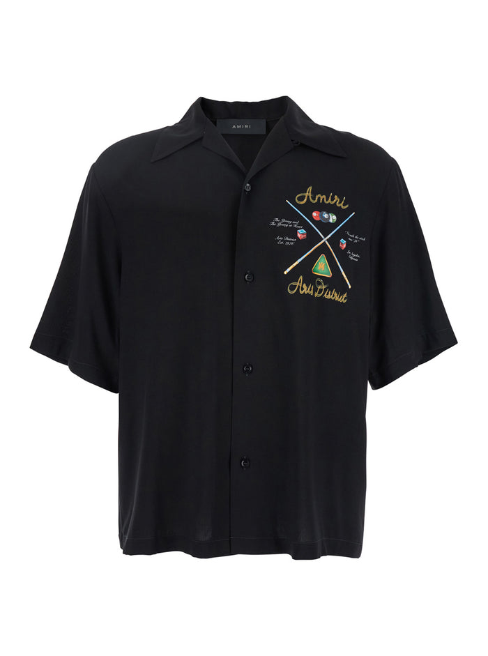 Pool Cue Black Shirt With Maxi Print On The Back Viscose Man And Blouses