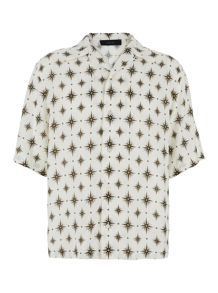 Stardust White Bowling Shirt With Cuban Collar And All-Over Print Tech Fabric Man Viscose Blouses