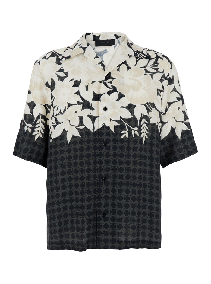 Garden Black Bowling Shirt With Cuban Collar And All-Over Floral Print Tech Fabric Man Viscose Blouses