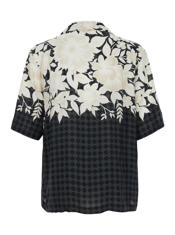 Garden Black Bowling Shirt With Cuban Collar And All-Over Floral Print Tech Fabric Man Viscose Blouses