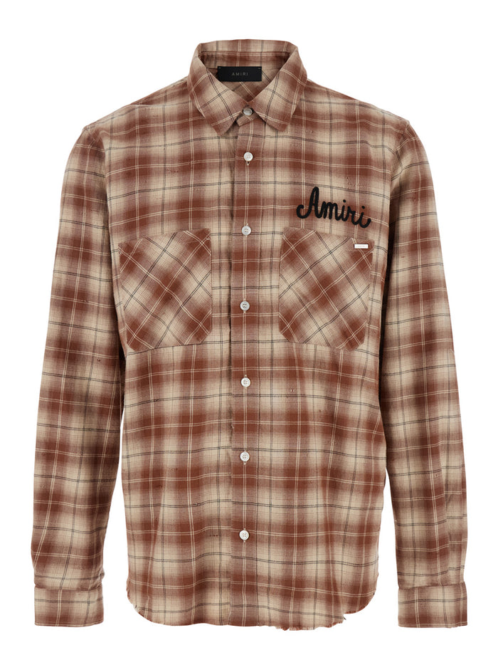 Shotgun Beige Shirt With Logo Print On Front And Rear All-Over Check Motif Cotton Man Brown Blouses