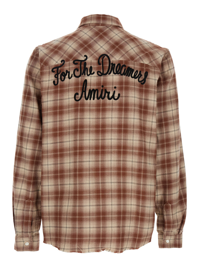 Shotgun Beige Shirt With Logo Print On Front And Rear All-Over Check Motif Cotton Man Brown Blouses