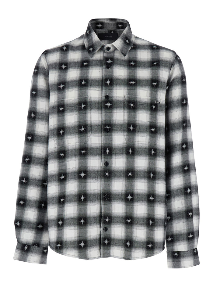 Stardust Black Shirt With Classic Collar And All-Over Check Motif Cotton Man Blouses