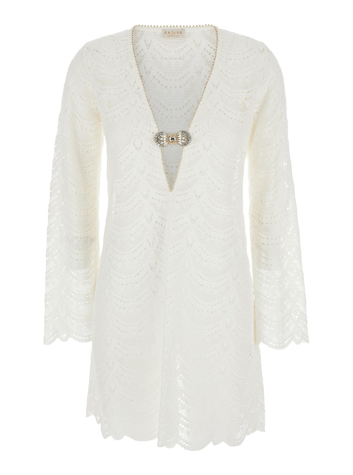 White Dress With V Neck And Jewel Detail On The Front Cotton Woman