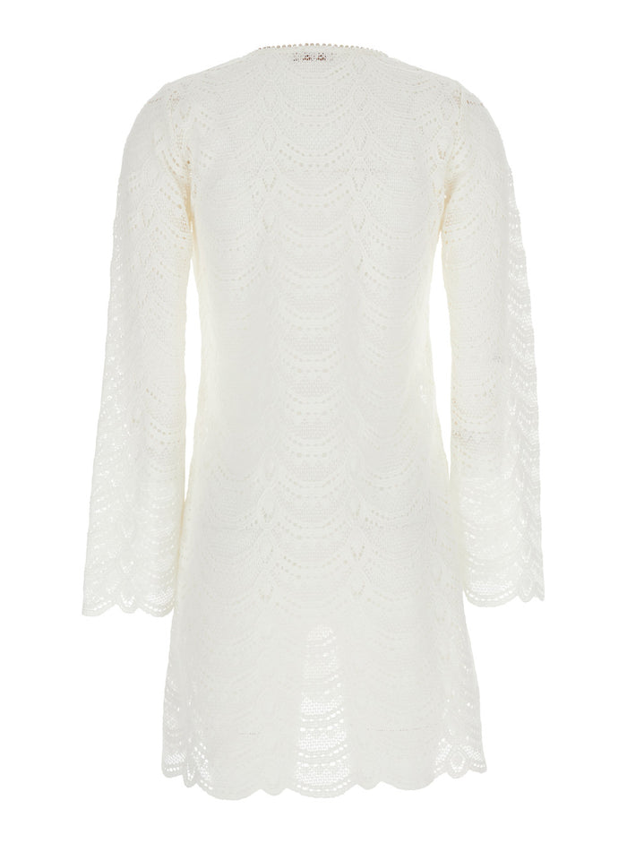 White Dress With V Neck And Jewel Detail On The Front Cotton Woman