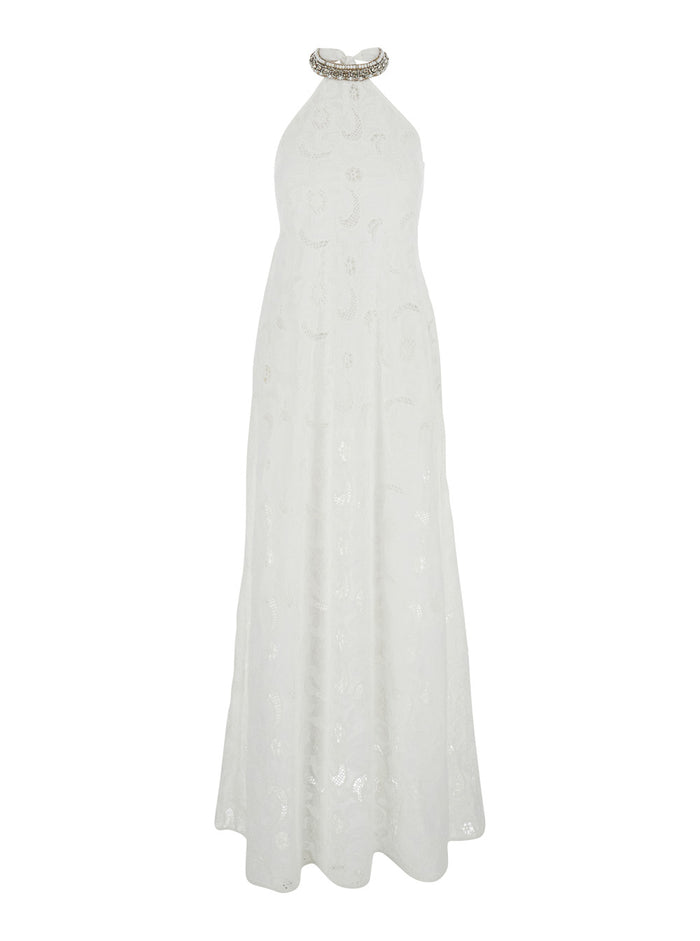 Isabel White Long Dress With Halterneck And All-Over Embroidery Cotton Woman