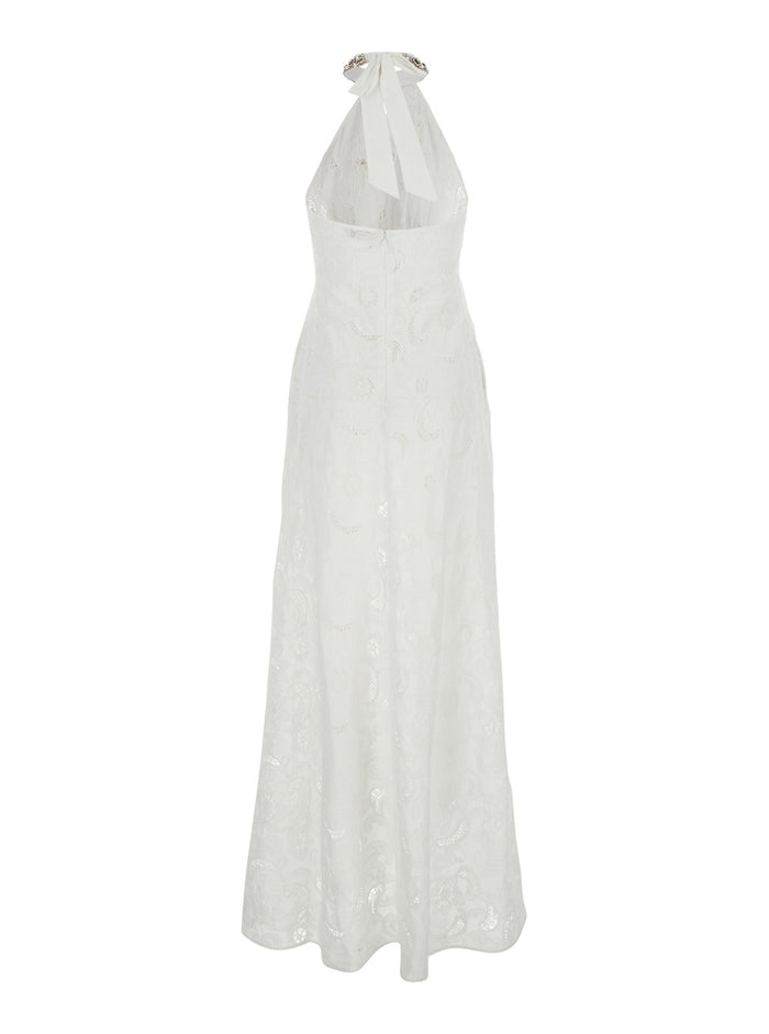 Isabel White Long Dress With Halterneck And All-Over Embroidery Cotton Woman