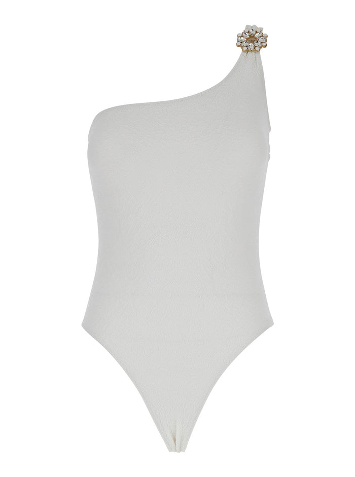 White One-Shoulder One-Piece Swimsuit With Rhinestone Brooch Detail Tech Fabric Woman Polyamide Elastane Beachwear