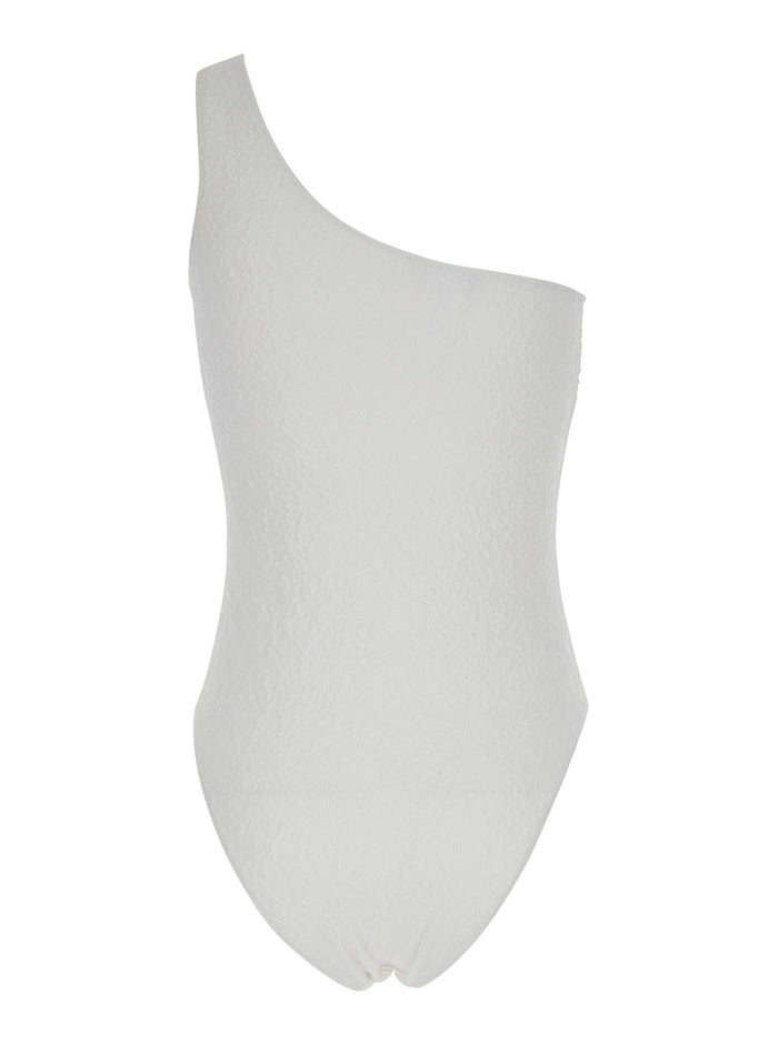 White One-Shoulder One-Piece Swimsuit With Rhinestone Brooch Detail Tech Fabric Woman Polyamide Elastane Beachwear