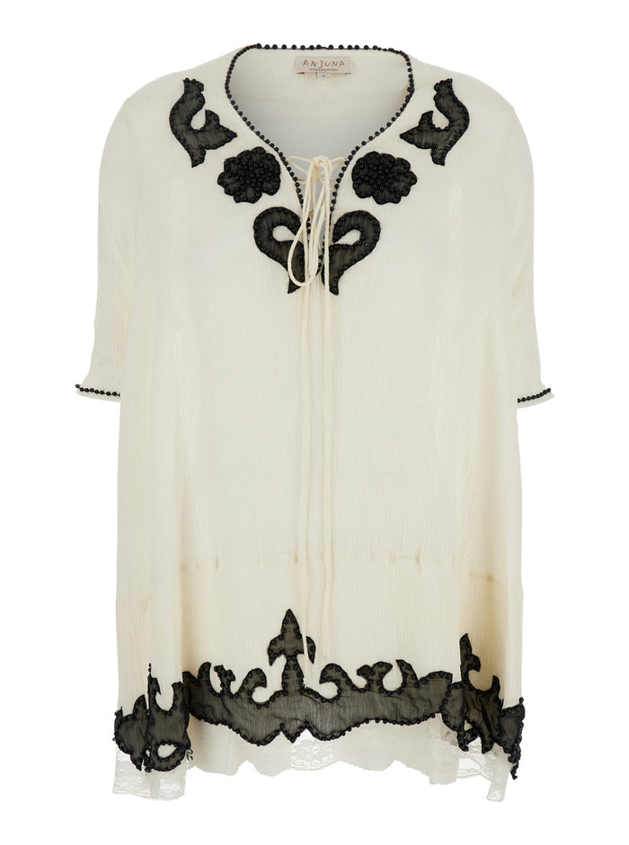 Lalla White Dress With Contrasting Details And Applied Beads Fabric Woman Rayon