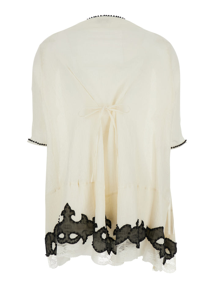 Lalla White Dress With Contrasting Details And Applied Beads Fabric Woman Rayon