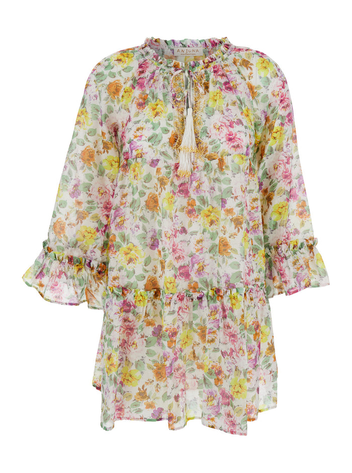 Lara Multicolor Short Dress With Ruched Sleeves And All-Over Floral Motif Cotton Silk Blend Woman
