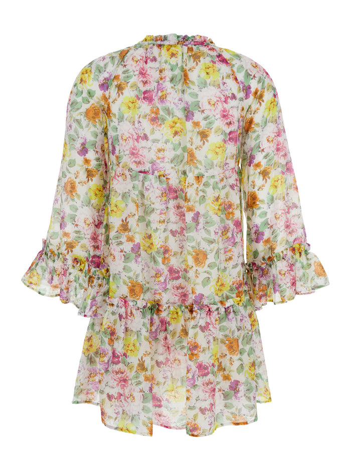 Lara Multicolor Short Dress With Ruched Sleeves And All-Over Floral Motif Cotton Silk Blend Woman