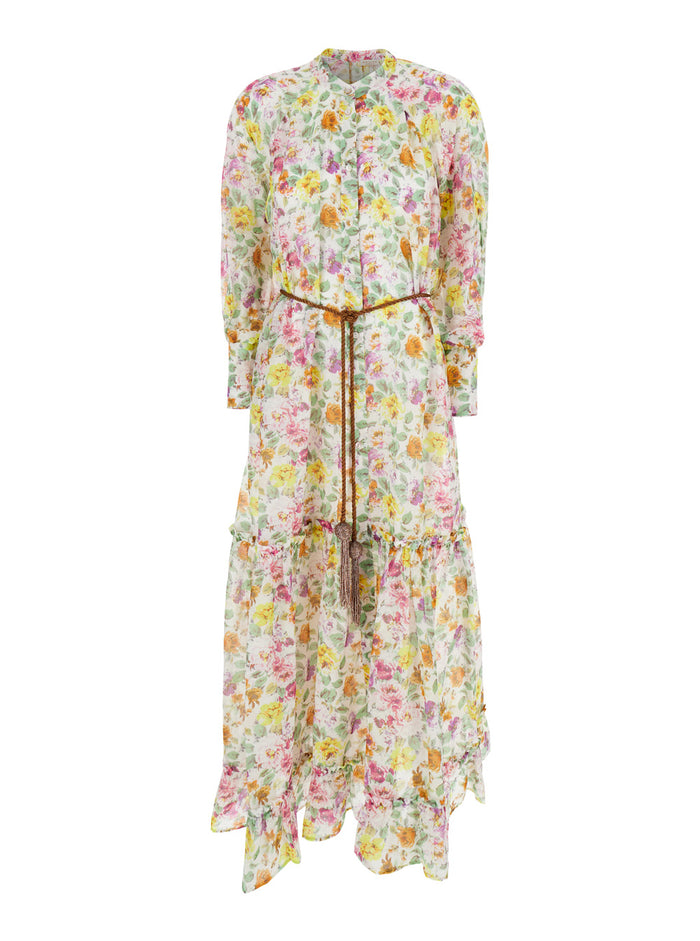 Lee Multicolor Crewneck Kaftan With All-Over Floral Motif And Waist Cord Cotton Silk Blend Woman Beachwear