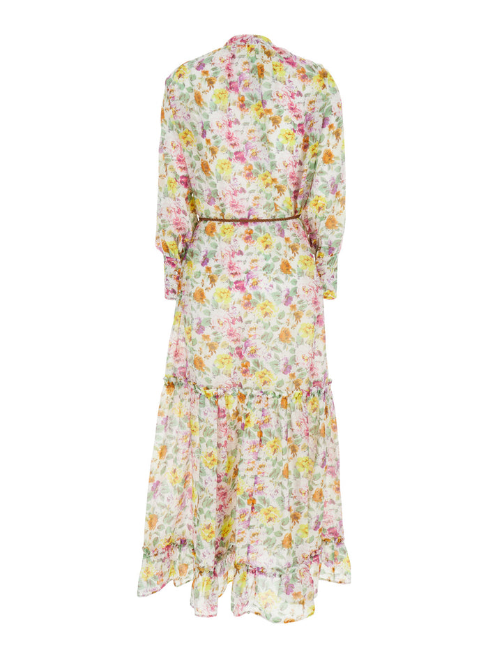 Lee Multicolor Crewneck Kaftan With All-Over Floral Motif And Waist Cord Cotton Silk Blend Woman Beachwear