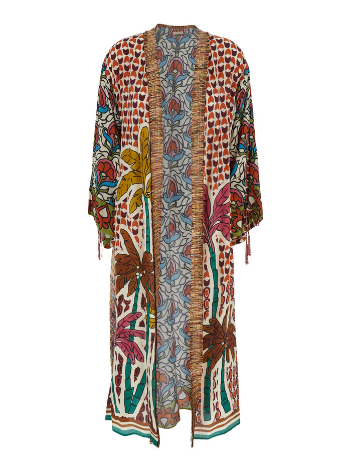 Megan Multicolor Kimono With Drawstring Cuffs And All-Over Print Viscose Woman Beachwear