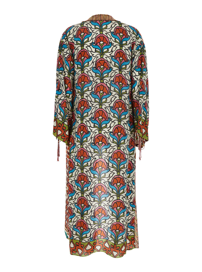 Megan Multicolor Kimono With Drawstring Cuffs And All-Over Print Viscose Woman Beachwear