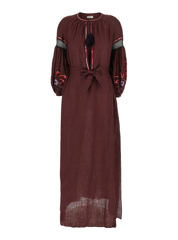 Nicoletta Brown Long Dress With Puffed Sleeves And Belt Linen Woman