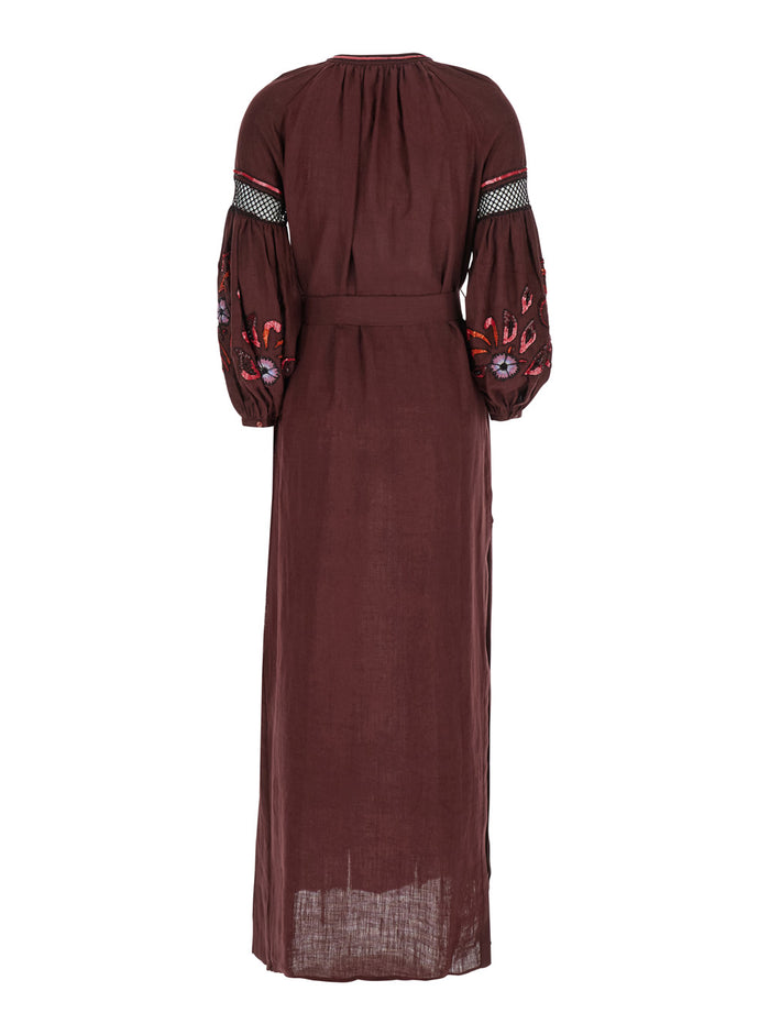 Nicoletta Brown Long Dress With Puffed Sleeves And Belt Linen Woman