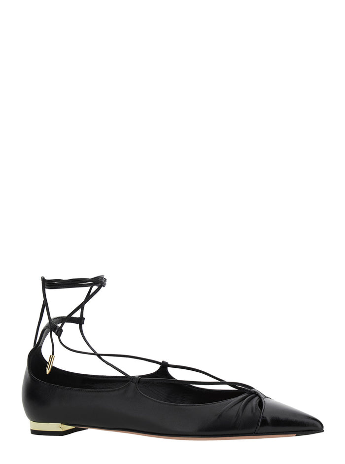 Gabi Ballet Shoes with Criss-Crossed Ankle Strap in Leather Woman Black Ballerinas
